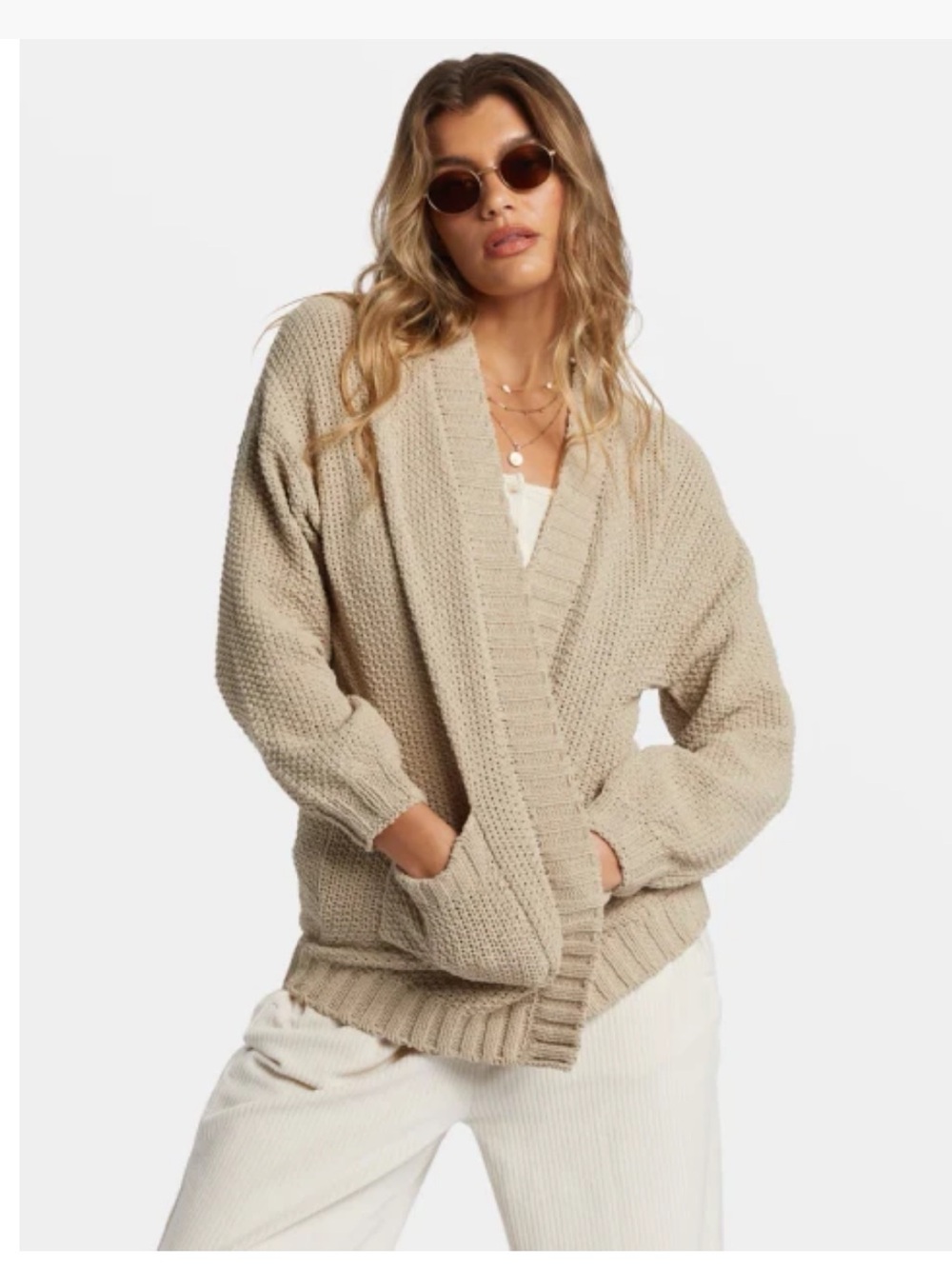 Billabong Beige Open-Front Chunky Knit Cardigan